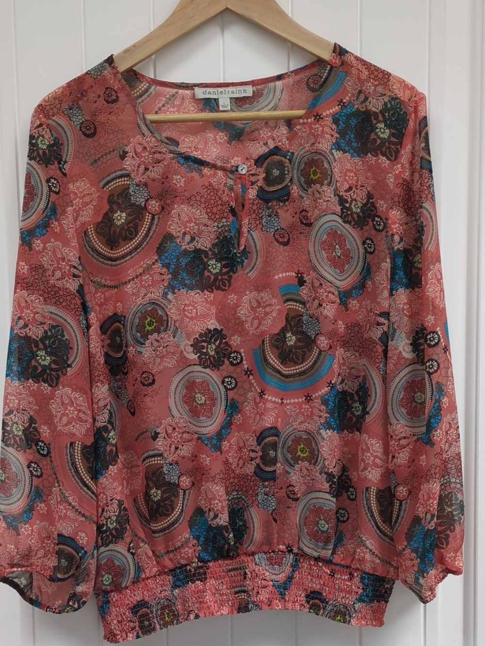 Daniel Rainn Coral Paisley Blouse with Blue Accents